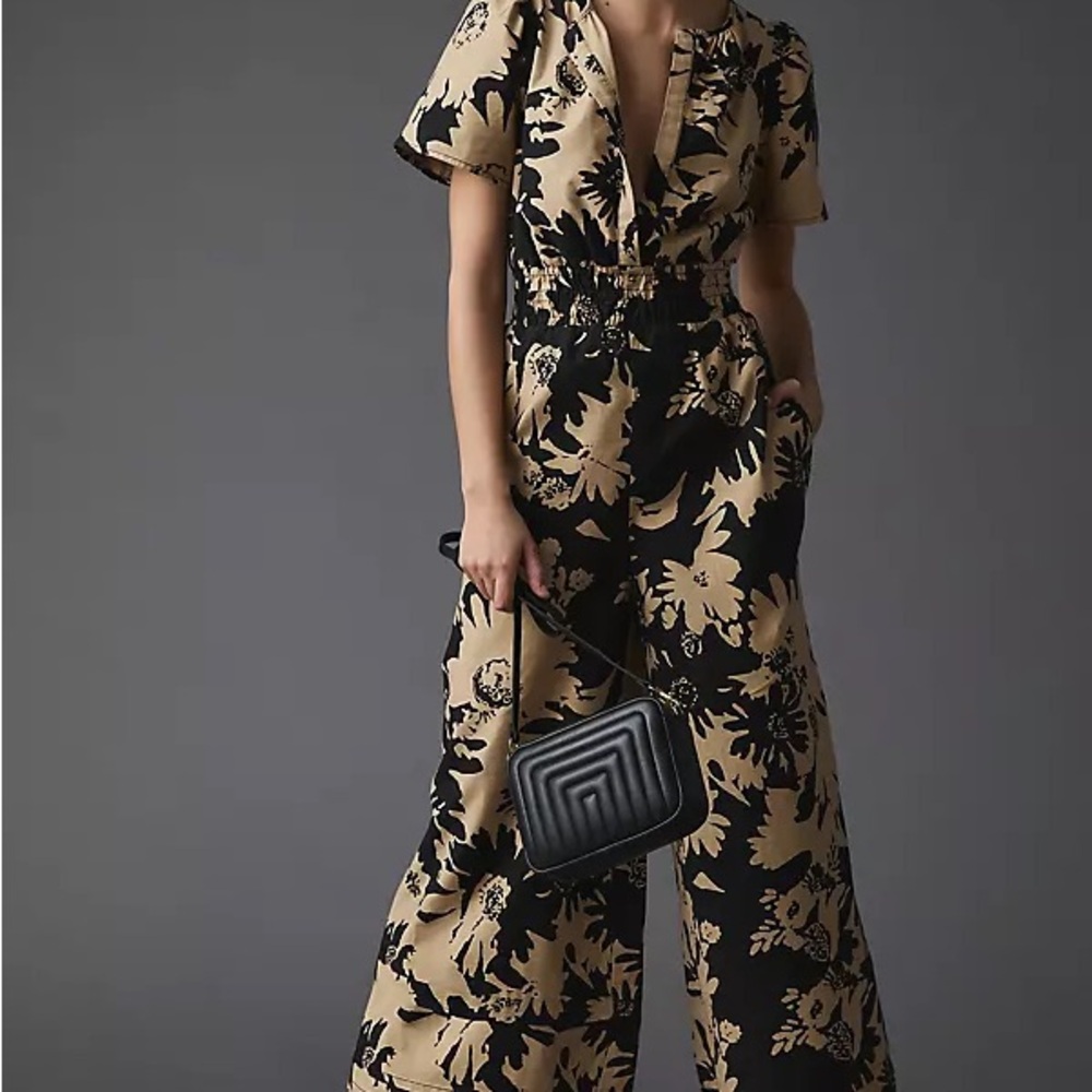 Anthropologie - Somerset Black and Tan Floral Jumpsuit Sz Small